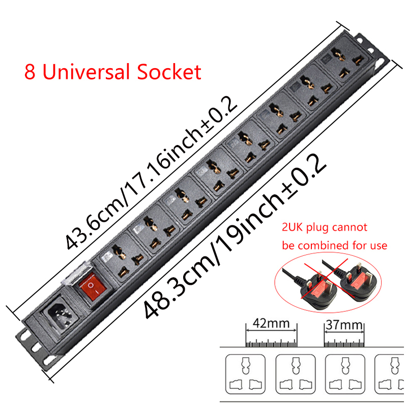 Cabinet 19inch PDU Power Strip Unit C14 Interface 8Ways EU/US/AU/C13/Universal Socket Extension Electrica With Switch: Champagne / Type 12