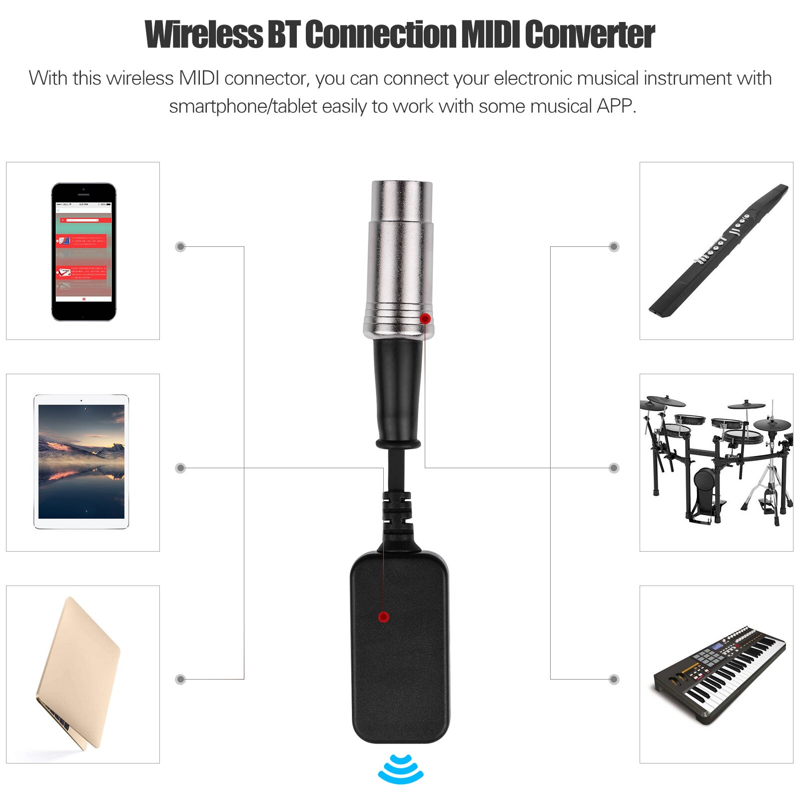 Wireless MIDI Connector Adapter BT Connection Converter with 5-PIN DIN MIDI Output Plug Compatible with MIDI Keyboard Piano