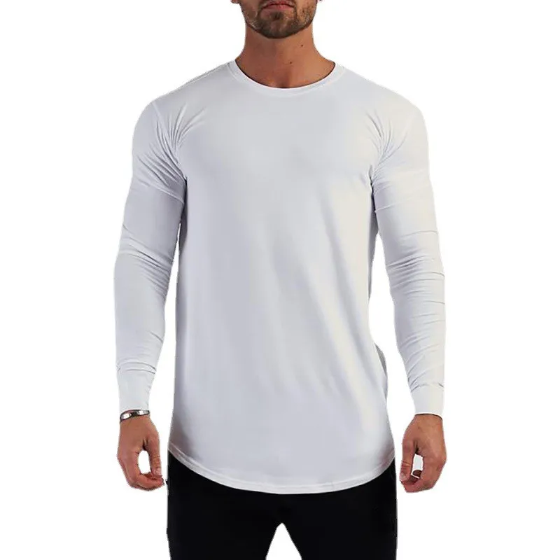 Ensfarvet bomuld åndbart langærmet tøj til fitness fitness bodybuilding sport t-shirts til mænd træning afslappet slim fit efterårsskjorter