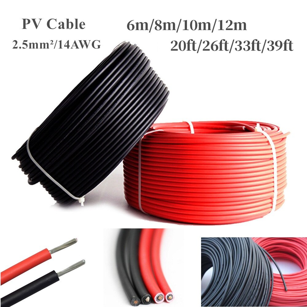 6m/8m/10m/12m 2.5mm²/14AWG Black+Red Solar Connector Cable wire for solar panel module TUV Approval Power PV Cable Lots
