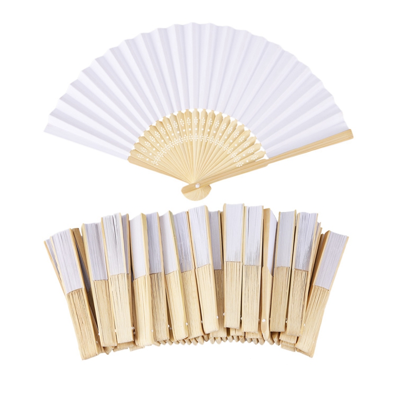 100 Pcs Wit Vouwen Elegante Papier Hand Fan Bruiloft Gunsten 21Cm (Wit)