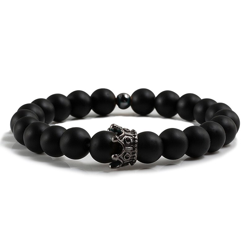 Heiße Neue Charme Krone Männer Armreifen Natürliche Stein Weiß Porzellan Perlen Armbänder Hand Zubehör Für Frauen Elastische Seil Hand Kette: matt Schwarz3