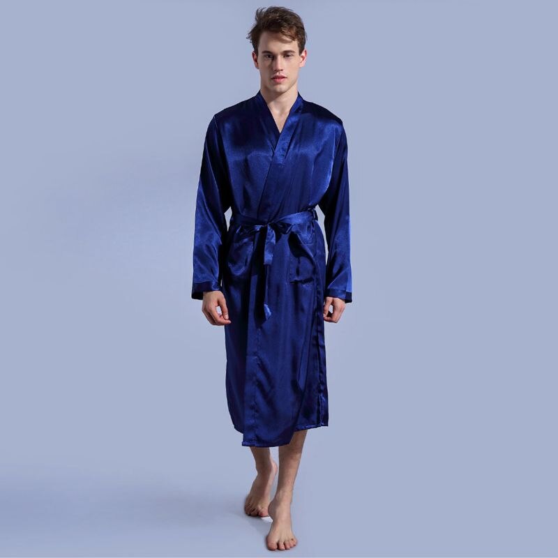 Marineblå badekåpe uformelt natttøy ночное платье pyjamas løs fritid herre nattøy rayon sateng kappe kjole fast kimono