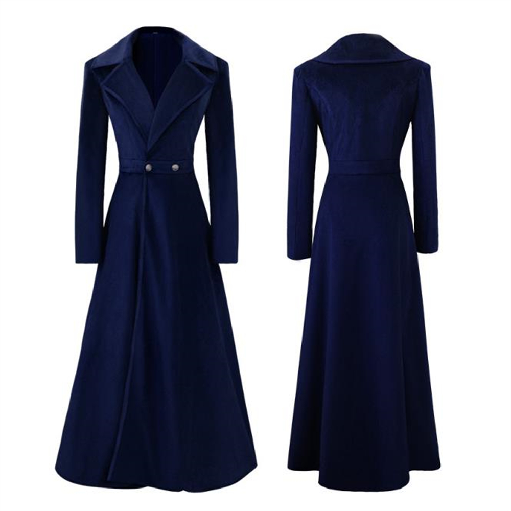 Vintage dame middelaldersk lang kåpe høst slank midje maxi vinterkjole fløyel 19th. århundre retro trenchcoat lang yttertøy: Xl / Blå