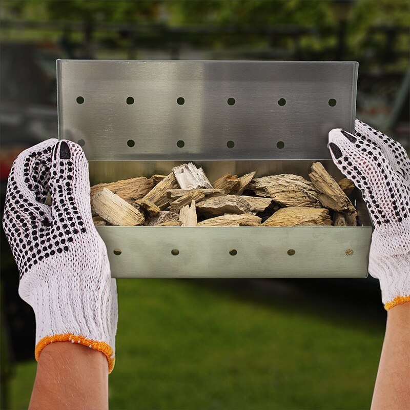 Caja de ahumador para barbacoa, tapa con bisagras, suministros de parrilla de acero inoxidable para astillas de madera, carbón de leña P7Ding