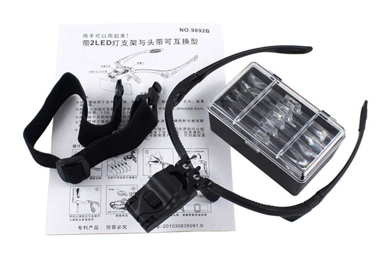 1.0/1.5/2.0/2.5/3.5X Vergrootglas Eye Reparatie Vergrootglas 2 Led Light Glazen Loupe Optische Lens hoofdband Vergrootglazen: Black