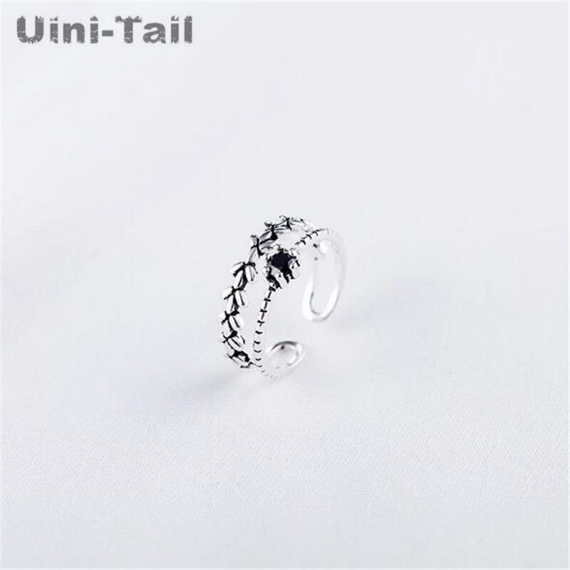 Uini-Schwanz heißer neue 925 Sterling silber kreative Obsidian blatt Ring Korea einfache dynamische Ring GN483