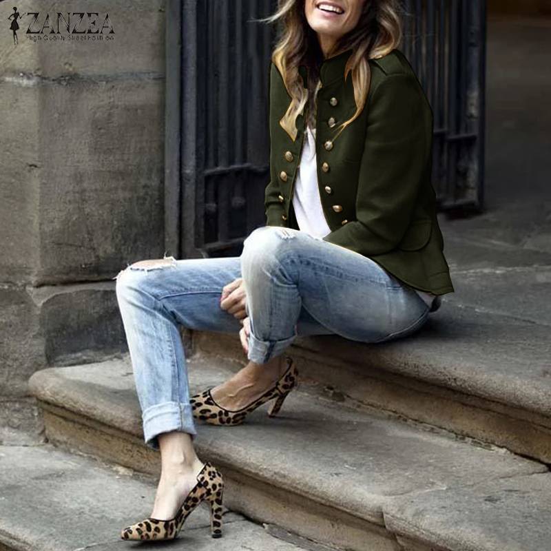 Abrigos de cuello alto para mujer Chaquetas ZANZEA Otoño Invierno abrigos de manga larga Casual para mujer prendas de vestir sólidas chaquetas frontales abiertas