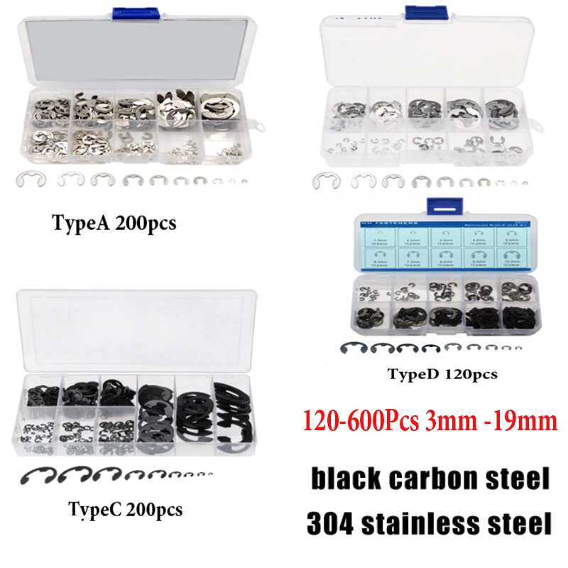 70-600Pcs 3mm -19mm Retaining Ring Assortment Kit black circlip snap retaining rings set and 304 stainless steel carbon steel