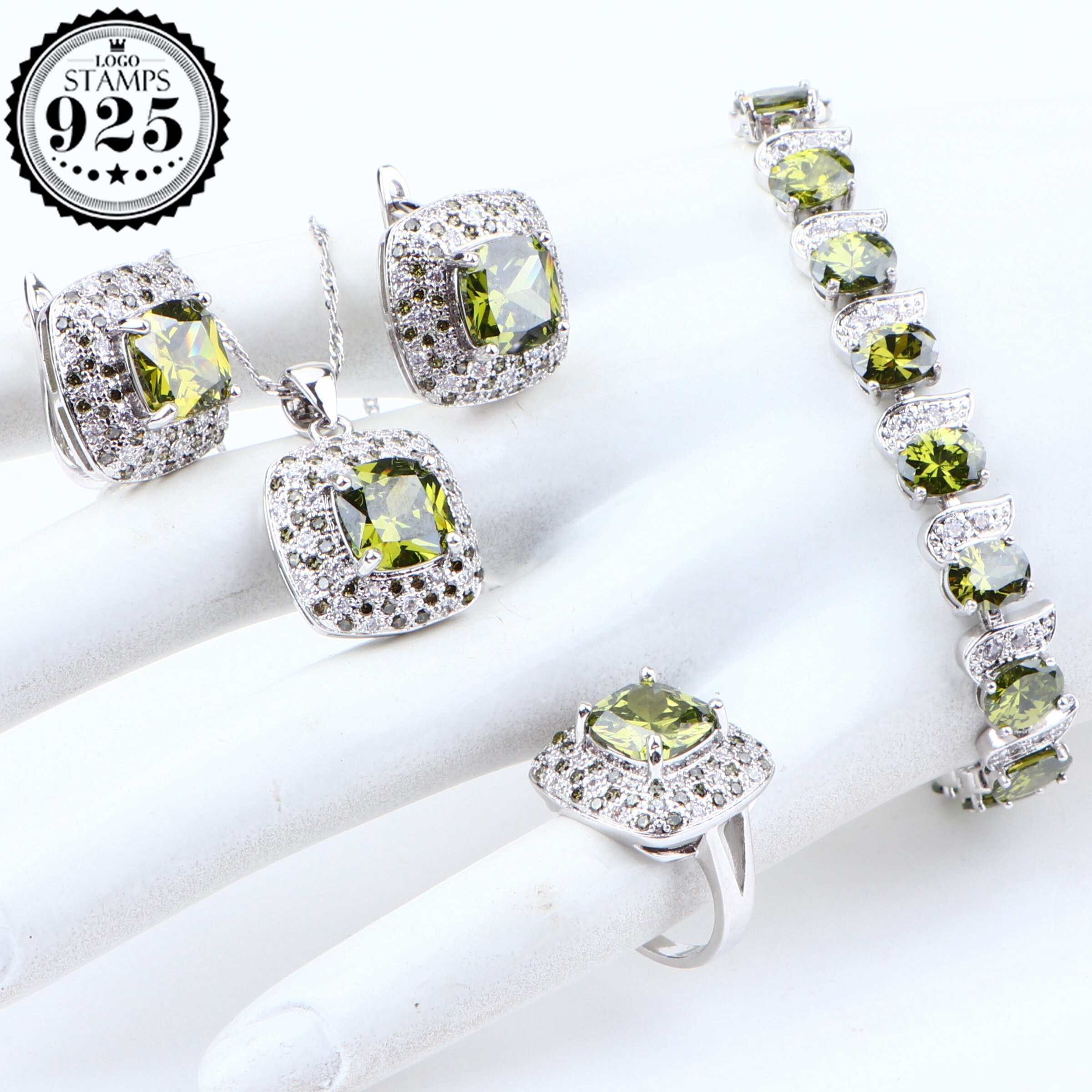 Bruiloft Cubic Zirocnia Sieraden Sets Voor Vrouwen Zilveren 925 Sieraden Kostuum Stone Oorbellen Armband Ring Ketting Hanger Set
