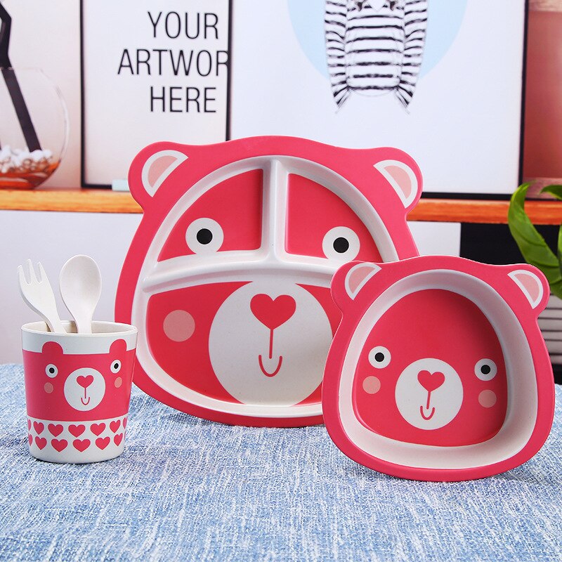 5 pièces/ensemble bébé dessin animé assiette vaisselle Anti-chute ensemble de vaisselle 4 fentes enfants vaisselle fourchette cuillère bambou assiette ensemble couverts: Bear-pink