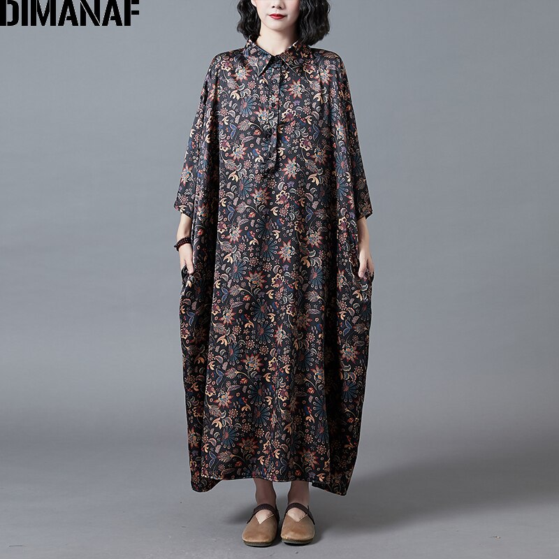 Dimanaf plus size damekjole vintage dame vestidos silke løs afslappet print blomstret maxi kjole 5xl 6xl efterårstøj