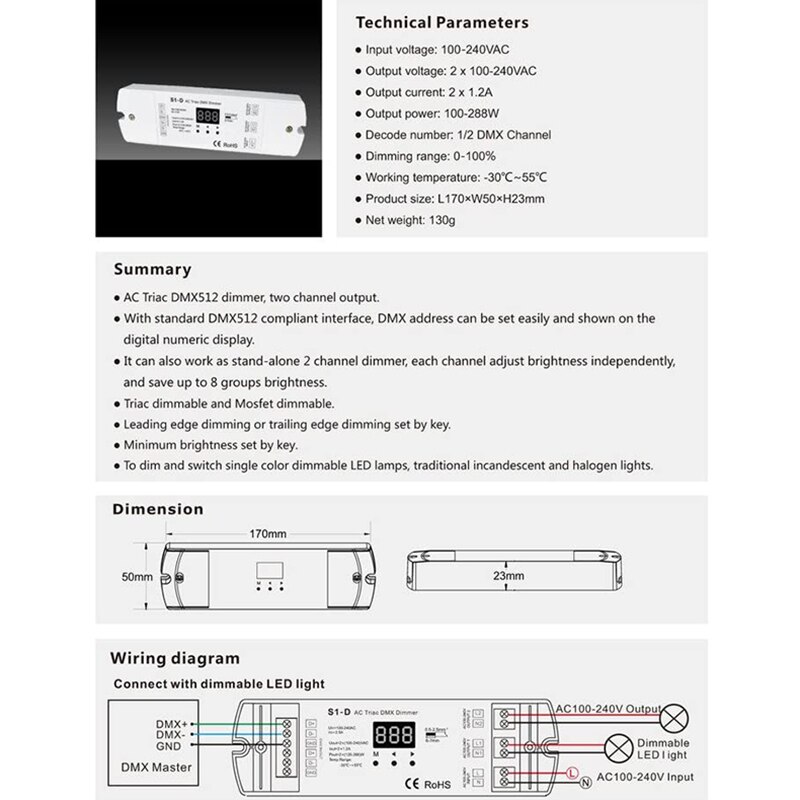 Ac-triac-dmx-dimmer mit 2 2 kanal-ausgang, triac- und mosfet-dimmbar, dmx 512