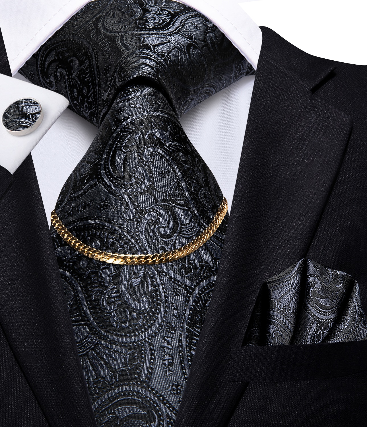 Hi-tie musta klassinen paisley ylellinen silkki miesten solmio miehille nicktie solmio ketju hanky kalvosinnapit asetettu häät: C -1494- lz -0001