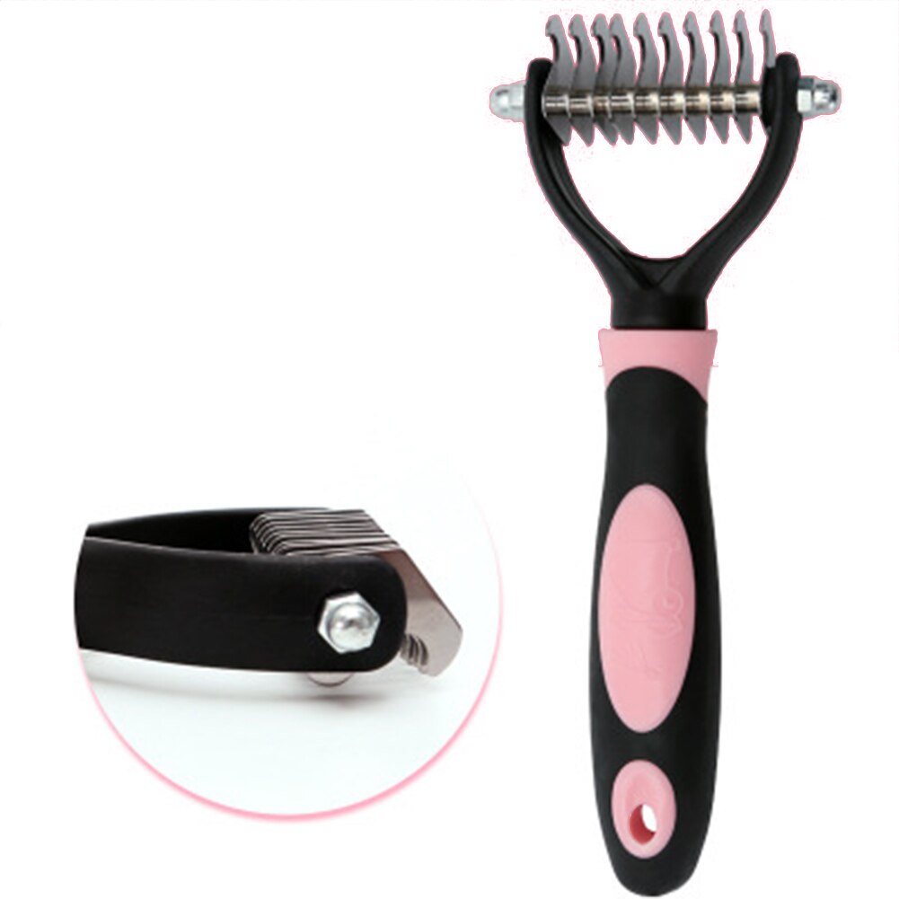 Roestvrijstalen open knoopkam voor huisdieren, hondentrimmer met zachte handgreep (roze/blauw): Roze