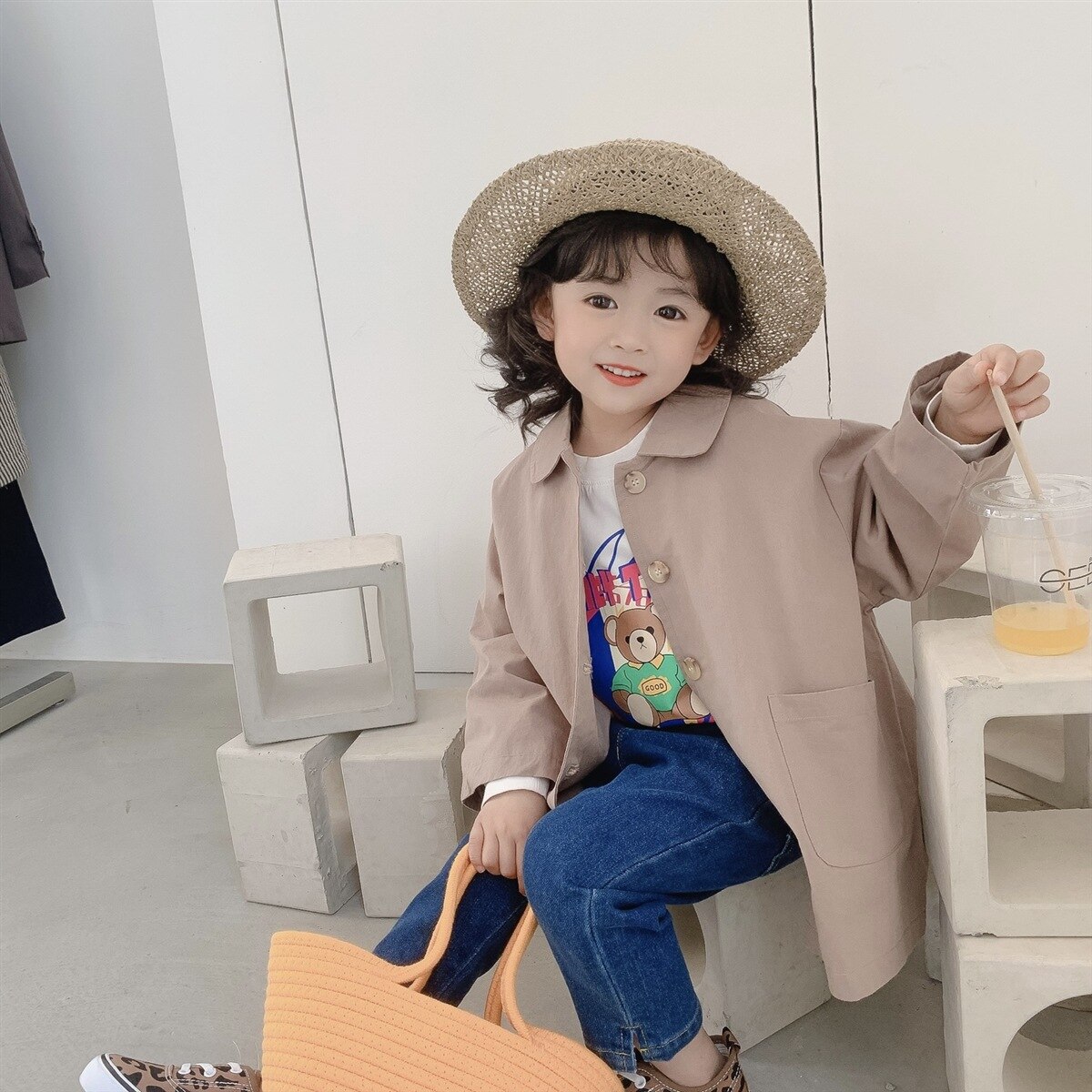 Spring girls solid color retro style trench jackets Kids 2 colors long style coats