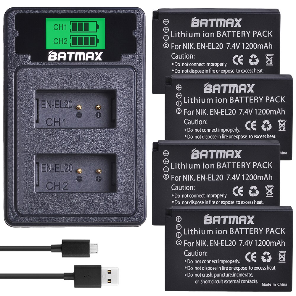 Batmax EN-EL20 EN-EL20A EL20 Batterij + Lcd Dual Charger Met Type C Poort Voor Nikon Coolpix P1000 Nikon1 J1, j2, J3 Nikon1 AW1