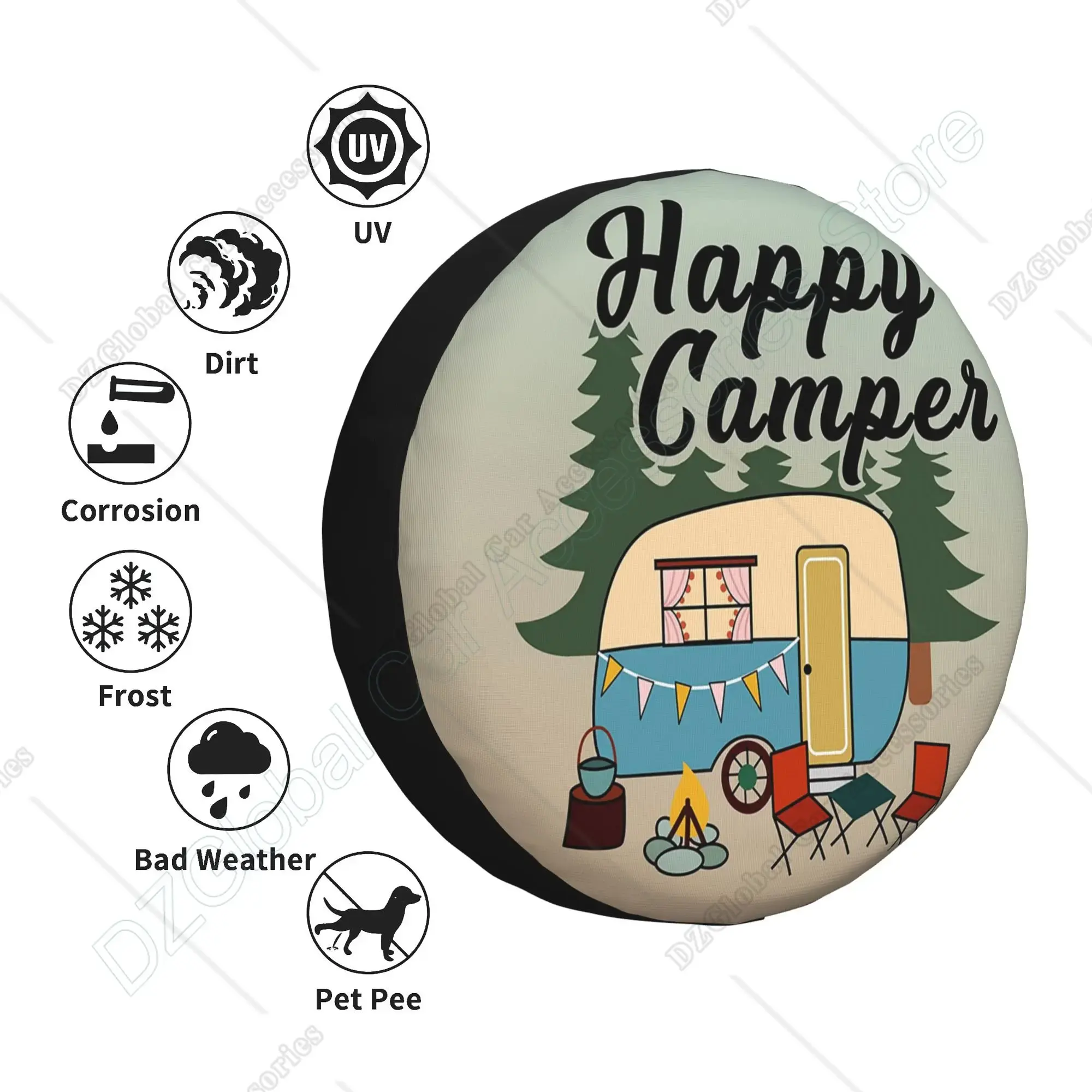 Happy Camper Spare Tire Cover Universal Wheel Covers Tire Protect Cover for RV Travel Trailer Camper Truck SUV 14 15 16 17 Inch