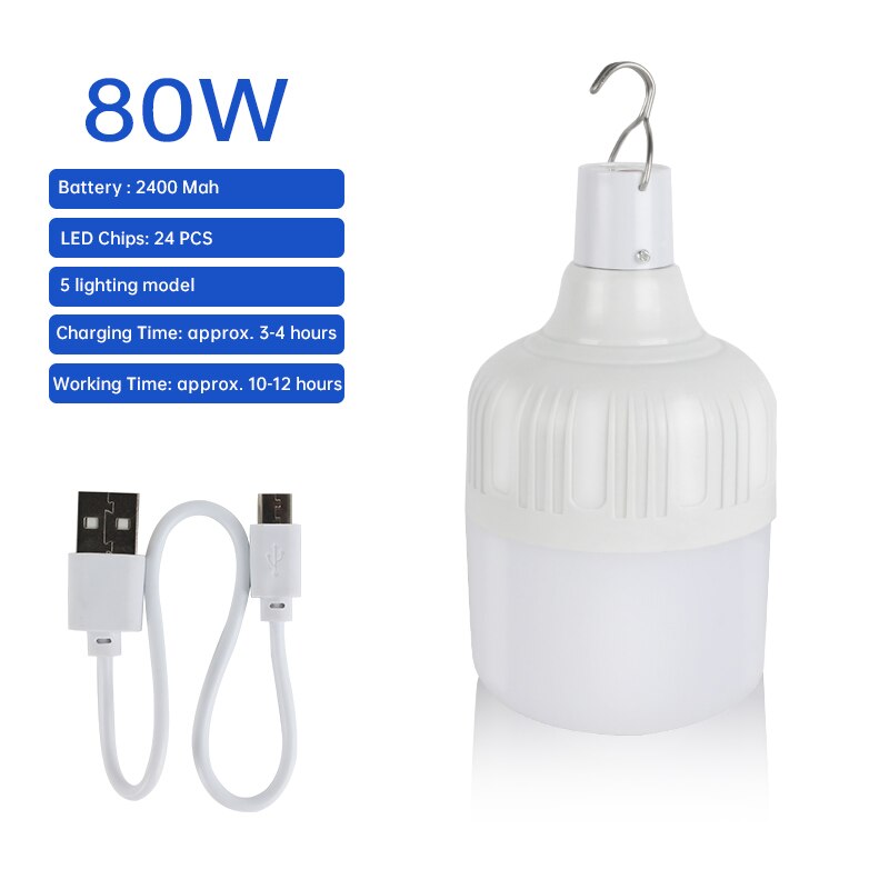 Bærbar utendørs pære usb oppladbar ledet nødlys telt lampe batterilanter bbq camping lys til uteplass / veranda / hage #: 80w