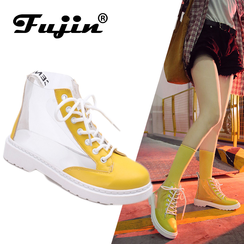 Bottes de pluie transparentes fujin pour femmes, bottines imperméables, chaussures en gelée d'eau, bottines à lacets