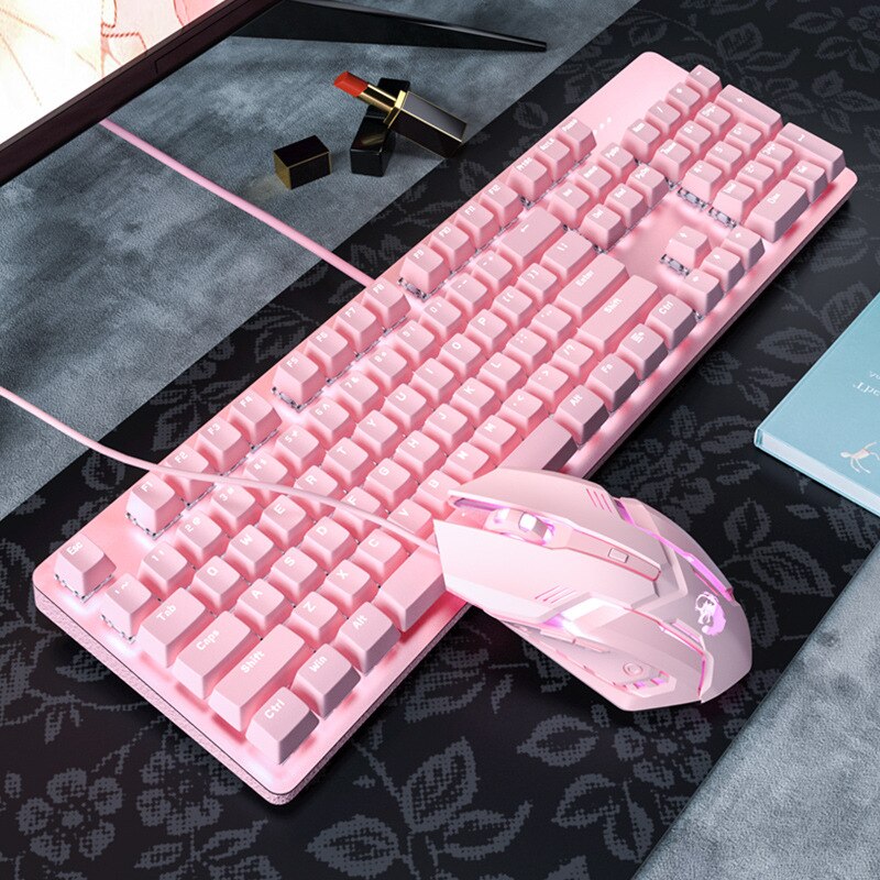 Neue rosa verdrahtet blau achse mechanische Spielen tastatur usb-schnittstelle weiß hintergrundbeleuchtung nette mädchen tastatur und maus einstellen: Klaviatur Maus 1