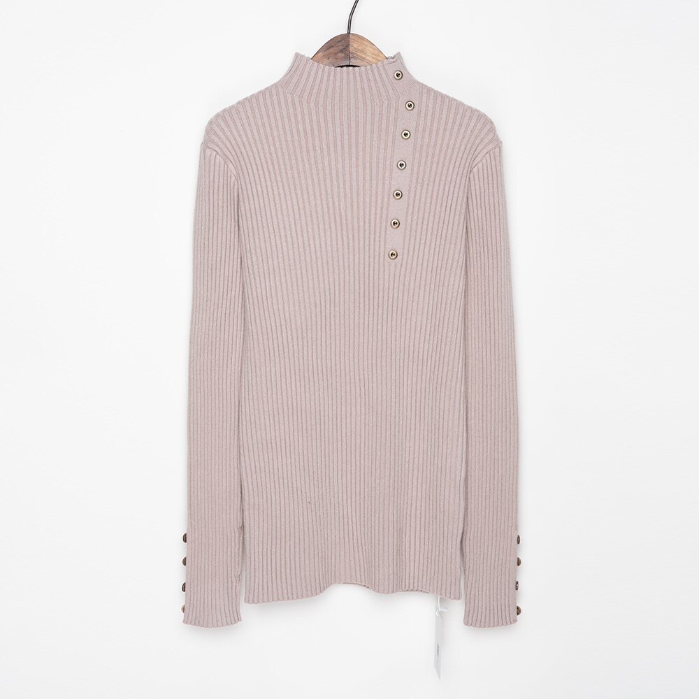 Geribbeld Mock Hals Trui Vrouwen Winter Gebreide Lange Truien Vrouwen Trui Jumper Met Zijknoppen: Beige