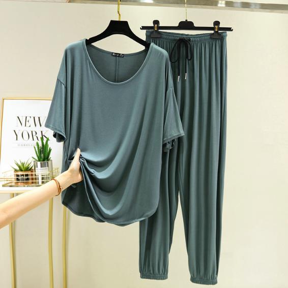 Pyjama ample grande taille pour femmes, vêtements de maison, ensemble deux pièces en coton, manches courtes, pantalon,: grey blue