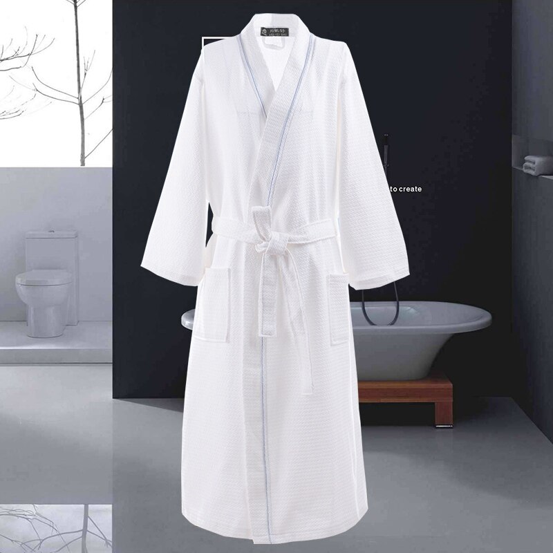 Vaffel 100%  bomulds badekåbe mænd langærmet herre morgenkåbe sved fordampe par kimono badekåber hotel spa badekåber morgenkåbe: Hvid-blå linje / Xl