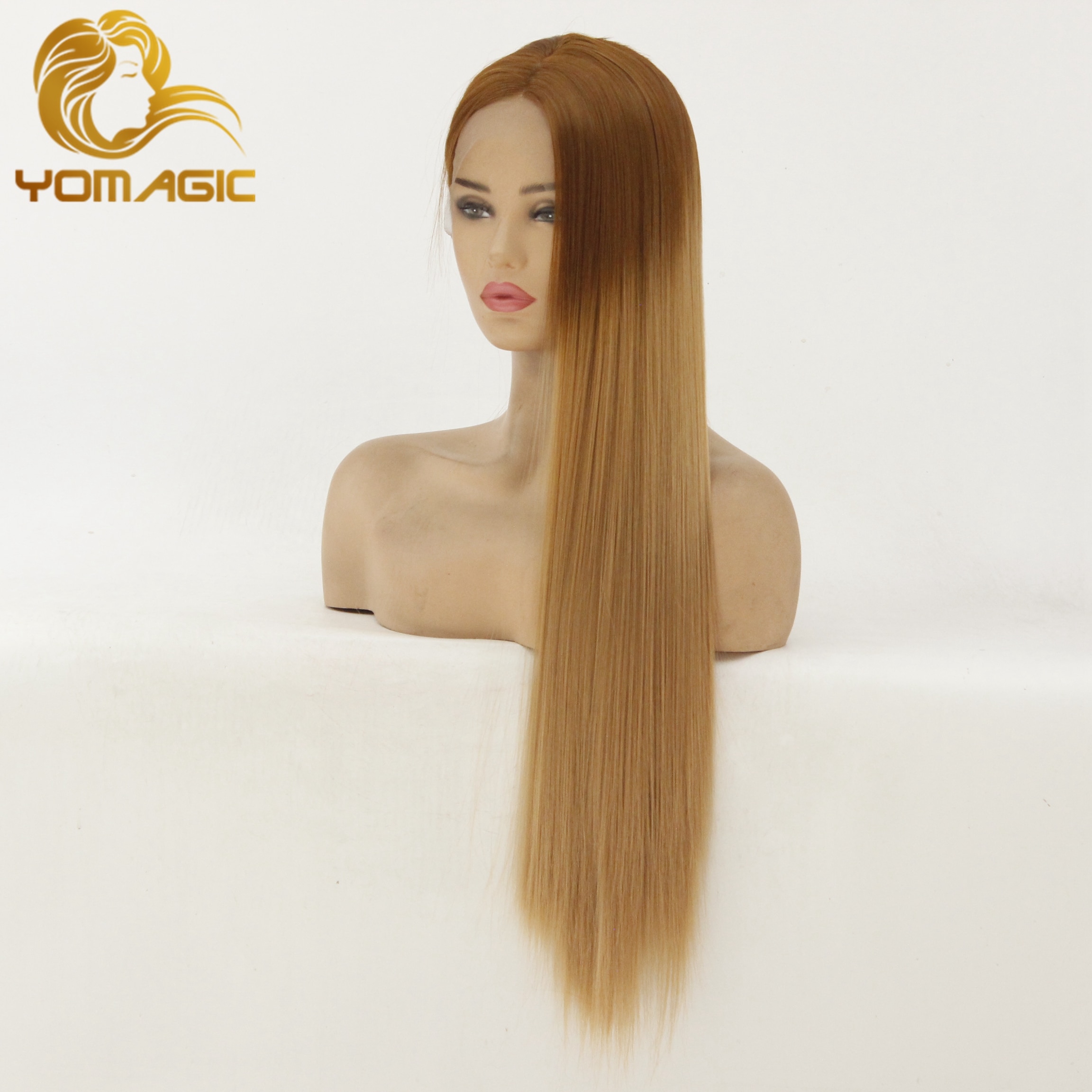 Yomagic syntetisk blonde front paryk til kvinder 24 tommer lange lige hår parykker varmebestandige ombre honning blonde parykker