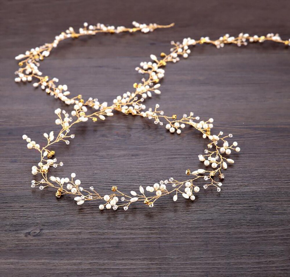 Enredadera para el cabello de perlas con diamantes de imitación para mujer, diadema nupcial larga, accesorios para el cabello para novia y dama de honor (100cm/39,3 pulgadas): Oro
