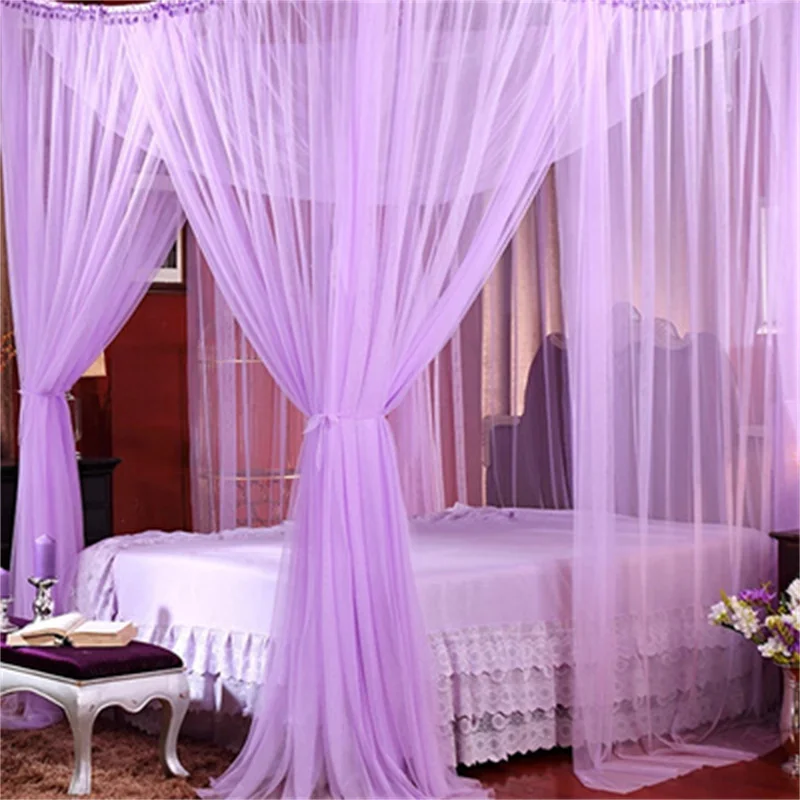 Mosquito Net Cotton Four-Door Sexy Square Canopy - King/Queen Double Bed Size, White Palace Netting Prevent Insect Net: PURPLE