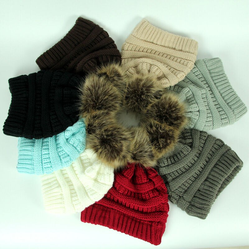 Casual mössor bubbelstickad unisex dam baggy beanie pom hatt dam vinter varm virkad stickad skidmössa hästsvans vanlig