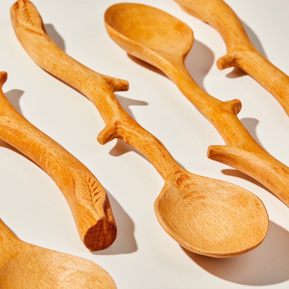 Cuillère à mélanger le café en forme de branche, , cuillère à Long manche, cuillères en hêtre de Style japonais, vaisselle de