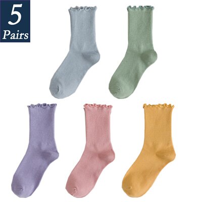 Calcetines con volantes de princesa para mujer, calcetín, colores sólidos, para la universidad, dulces, 5 pares: 15