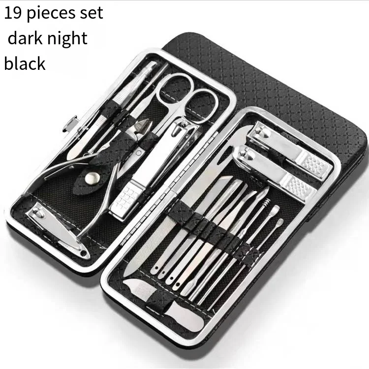 Conjunto de 19 peças de ferramentas de beleza para arte em unhas, manicure doméstica, corte de pés, alicate de bico de águia, kit de cuidados, faca de unhas, conjunto de cortador de unhas: Preto