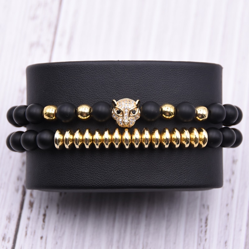 Men CZ Zirconia Leopard head Charms Bracelets 8mm Natural stone Matte Beads Bracelet For Women jewelry pulseras