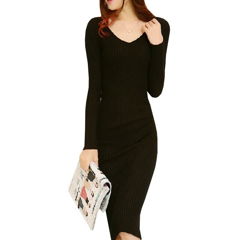 Trui Jurk Herfst Winter Vrouwen Sexy Bodycon Lange Gebreide Jurk Schede V-hals Dikke Warme Breien Jurken Vestidos SF420