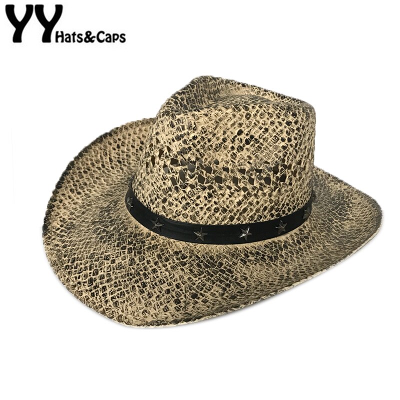 YY-sombreros de paja de estilo vaquero para hombre, gorros de paja con remaches anchos de estrella de cinco puntas, gorra de Jazz, sombrero de playa de vaquera hueco CM19013
