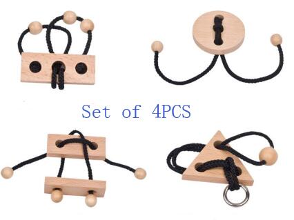 Desk Novelty 3D Wooden Rope Loop Puzzle IQ Mind String Brain teaser Game for Adults Kids: Set of 4PCS