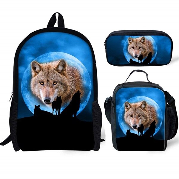 INSTANTARTS Cool Galaxy/Universe Wolf Print Schooltas voor Jongens 3 STUKS Set Rugzakken Kinderen Casual Middelbare School Student Rugzak: CC3226CGK