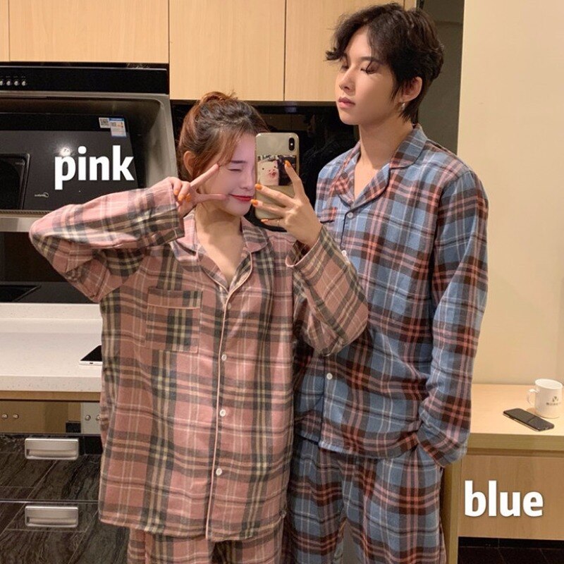 Xifer forår og efterår koreansk version af det børstede gitter komfortabel par pyjamas langærmede bukser home wear sæt