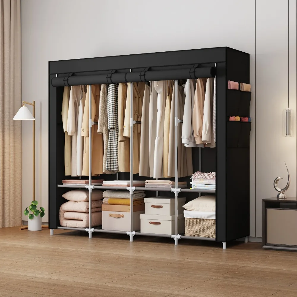 Garderobekast Kleding Organizer - Niet-geweven Stoffen - Met 6 Opslagplanken 2 Hangende Secties 4 Zijzakken Zwart