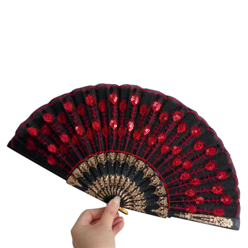Craft Fans Spanish Lace Silk Folding Hand Held Dance Fan Flower Pattern for Party Wedding Home Practical #0509