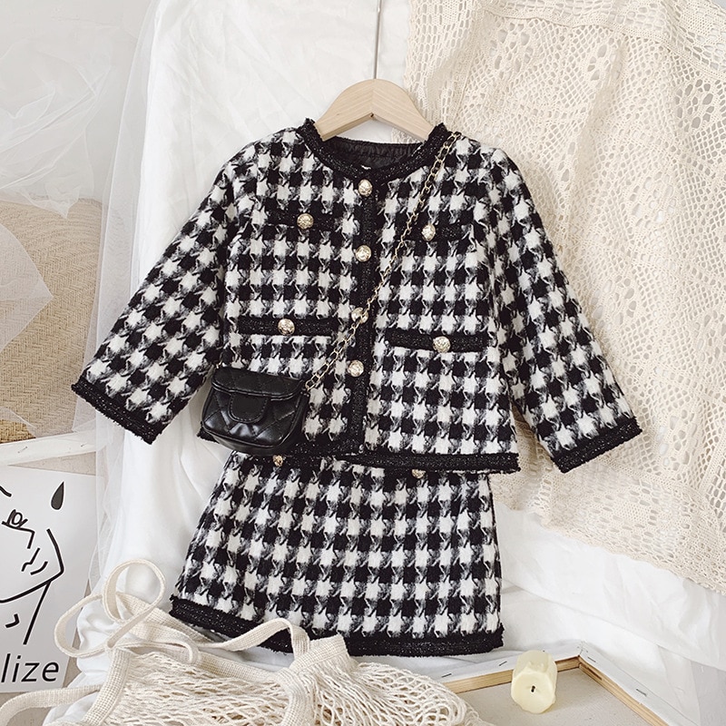 Ropa de invierno para niño niña, conjunto de suéter para niña pequeña, cárdigan, suéter, camiseta + falda a cuadros, traje de ropa de punto de dos piezas