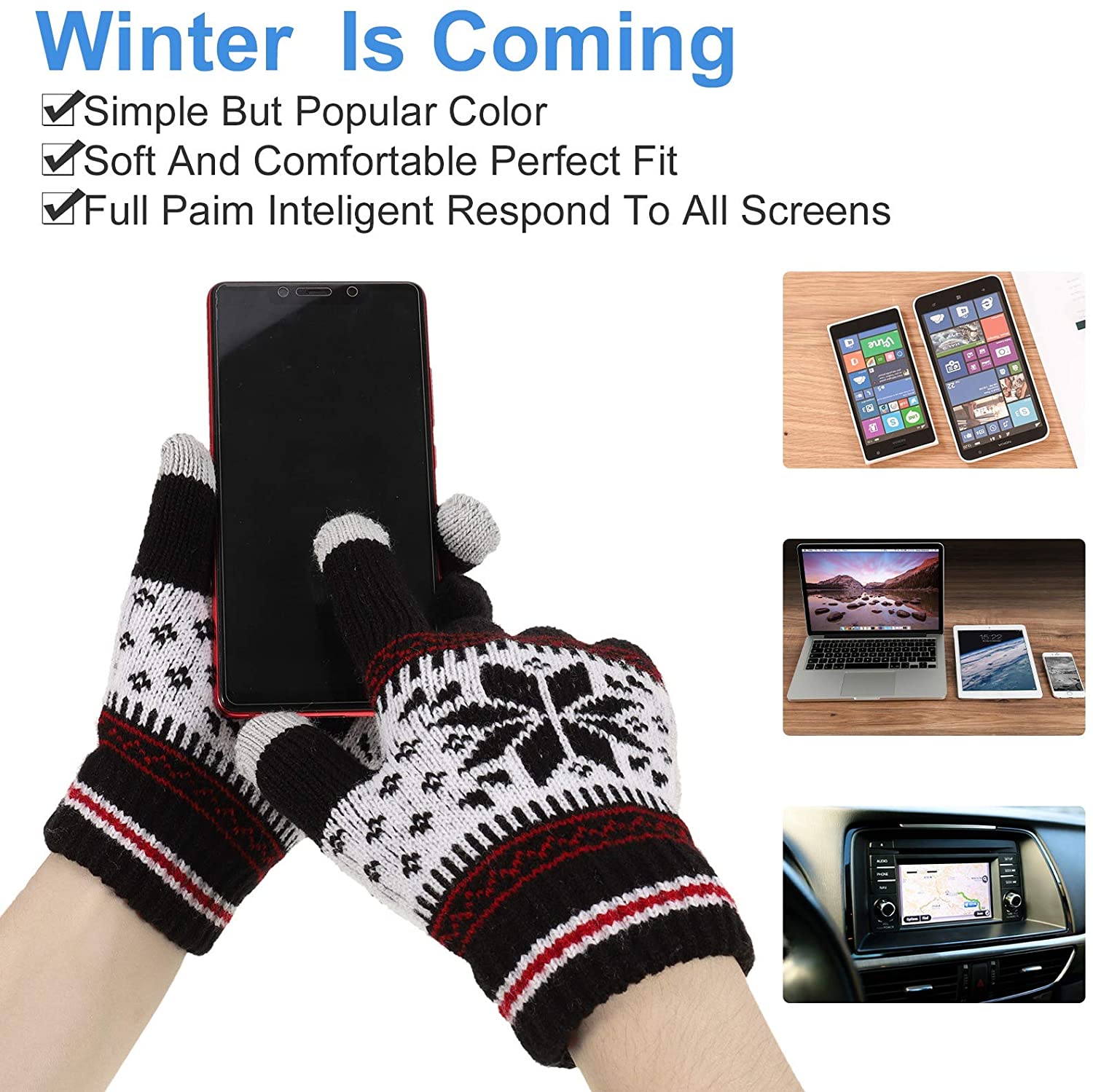 Outdoor Rijden Handschoenen Warme Winter Wol Gebreide Handschoenen Vrouwen En Mannen Sneeuwvlok Patroon Volledige Vinger Unisex Touch Screen handschoenen