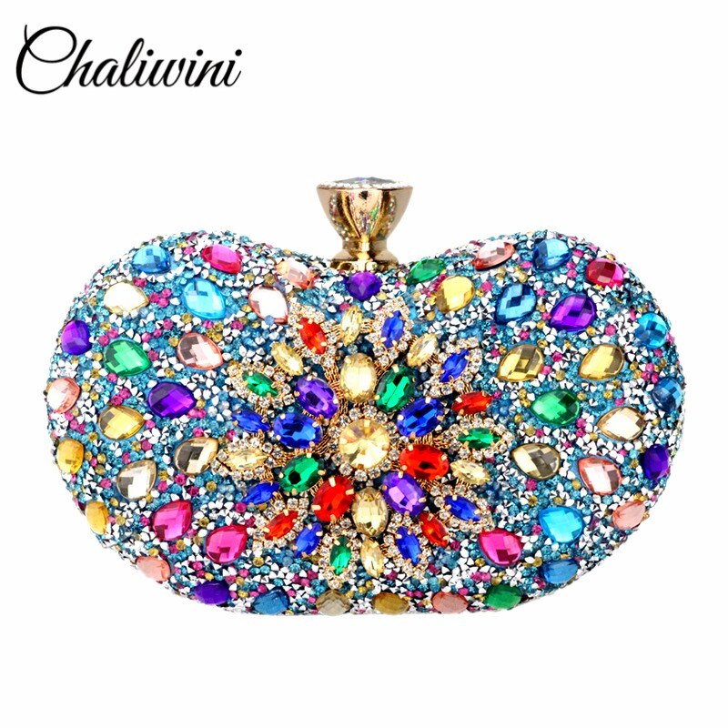 Chaliwini-Bolso de mano Floral de dos lados con diamantes de noche para mujer, bandolera de cristal múltiple, monedero de boda, cartera a juego: Light blue