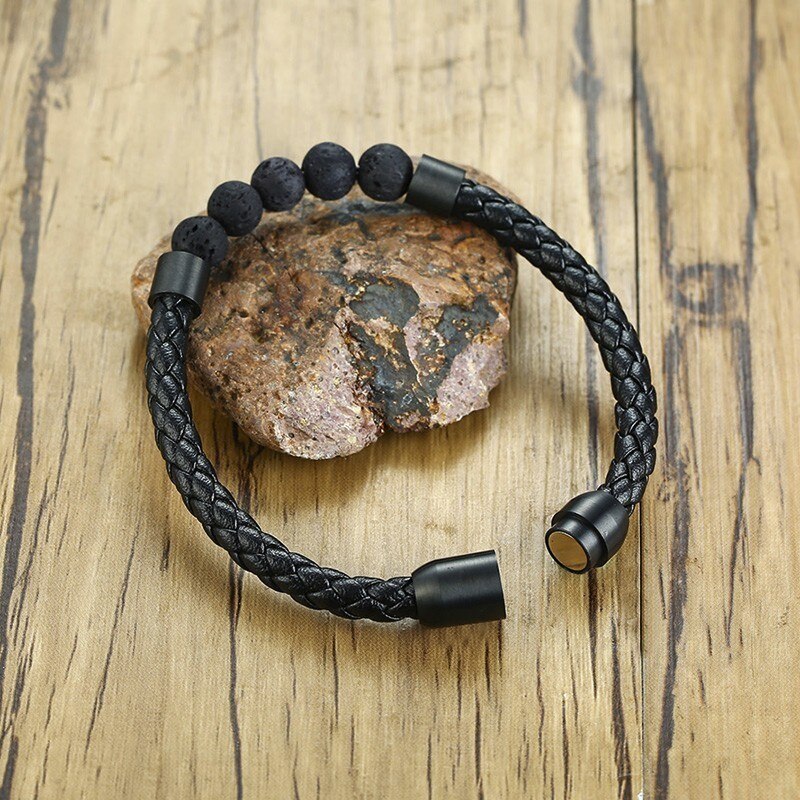 HIPSTER MAN JEWELRY BRAID LEATHER BRACELET AND VOLCANO LAVA STONE BEADS WRISTBAND