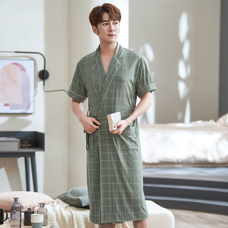 Zomer Mannen Korte Mouwen Robes Modal Katoen Lange Badjas Lounge Wear Thuis Gekleed Loungewear Nachtkleding Grote Werven Pyjama Gewaden: LX-71067 Olive Green / Xxxl