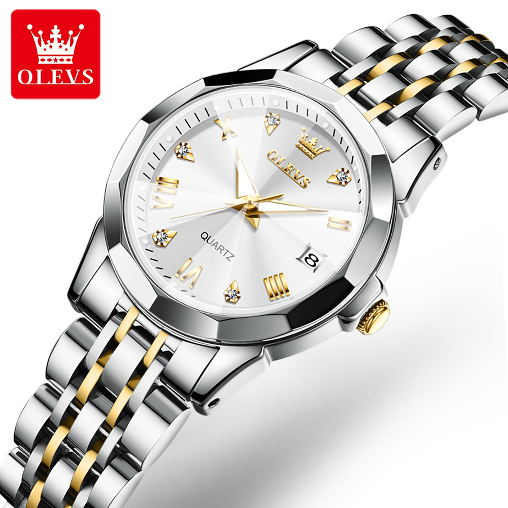 OLEVS-Reloj dorado de lujo para mujer, pulsera de acero inoxidable, , de cuarzo con rombos, resistente al agua: Café