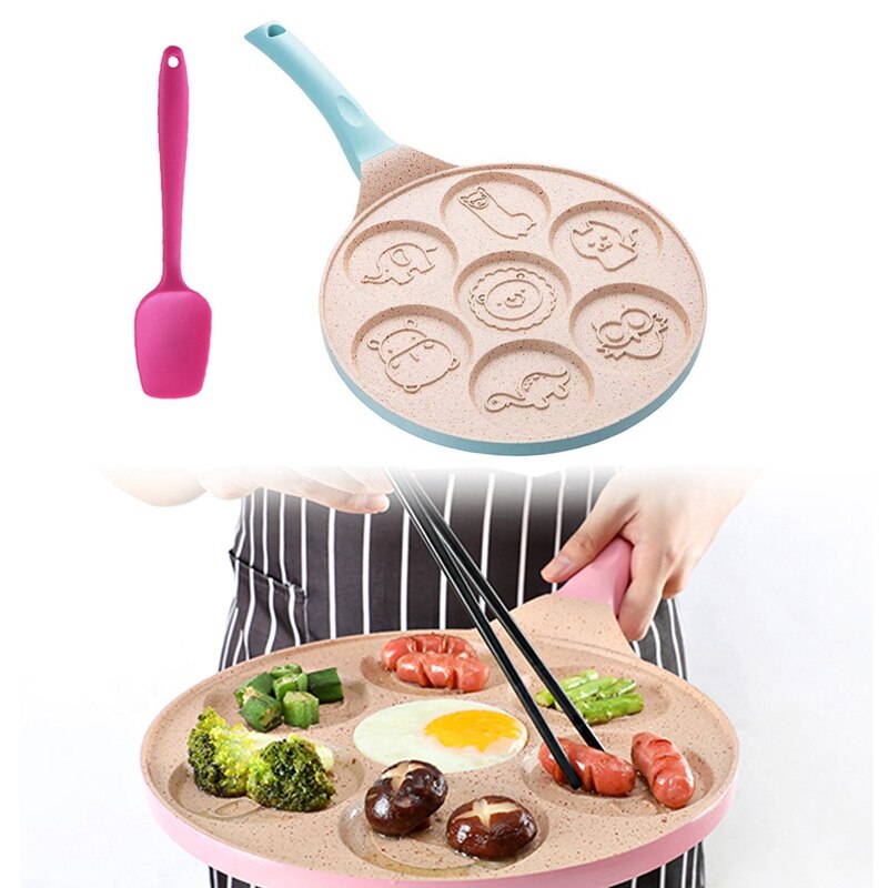 7 Holes Pancake Mold Non-Stick Griddle Maker Animal Face Pancake Steak Cooking Egg Ham Pans with Silicone Spatula: Blue